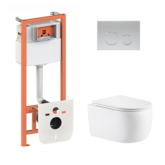 Готовое решение Qtap для ванной комнаты: подвесной унитаз Taurus Ultra Quiet 515×360×350 + комплект инсталляции Nest 4 в 1 (круглая клавиша Satin) купить в САНН Одесса