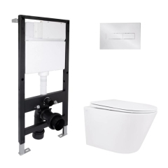 Готовое решение Qtap для ванной комнаты: подвесной унитаз Swan Rimless 520x360x320 + комплект инсталляции Standard (линейная кнопка Chrome) купить в САНН Одесса