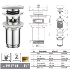 Донный клапан для раковины с переливом KOER PW-07-01 автоматический (Click-Clack) (Цвет хром) 1 1/4'' (KR5782) купить в САНН Одесса
