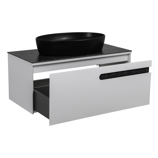 Тумба Остiн білий мат зі стільницею 100 см та умивальником One 67 см Овал чорний, изображение 2