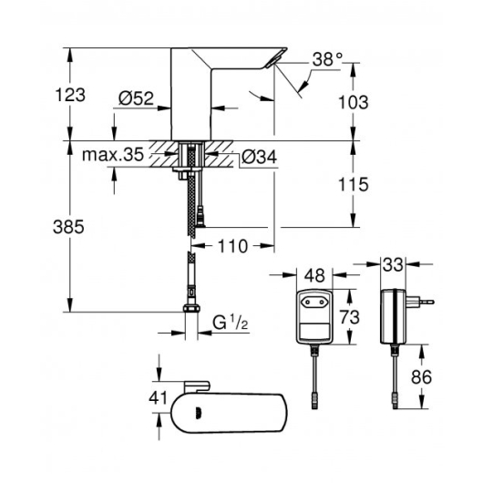 Змішувач безконтактний для умивальника Grohe BauCosmopolitan E (36453000), изображение 2