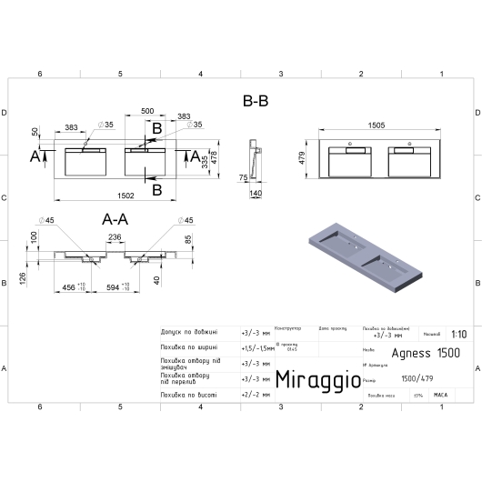 Умывальник AGNESS 1500 MIRASOFT Miraggio, изображение 3