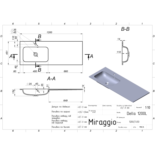 Умывальник DELLA 1200 L MIRASOFT Miraggio, изображение 2
