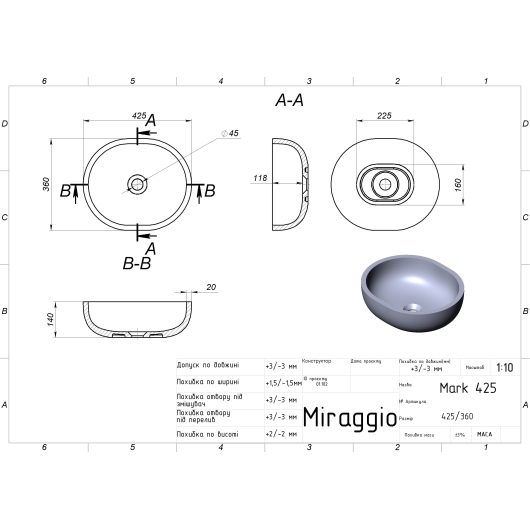 Умывальник MARK 425 MIRASOFT Miraggio, изображение 2
