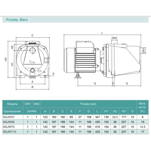 Самовсмоктувальна насосна станція SHIMGE SGJW110 з баком 24 л, Нmax=52м, Qmax=90 л/хв., изображение 5