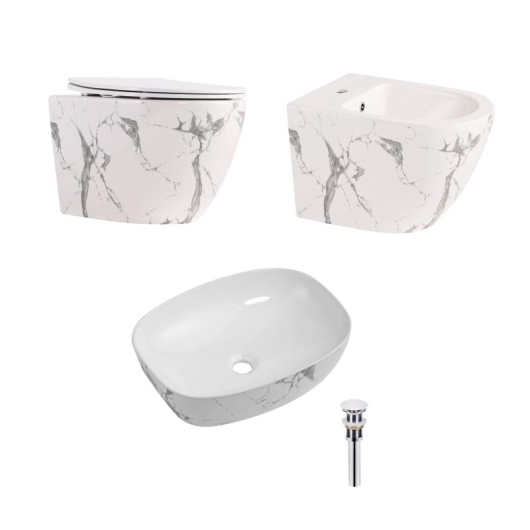 Комплект Qtap Robin Marble 3 в 1: унитаз подвесной Ultra Quiet + биде подвесное + раковина накладная QTROBMR49160 купить в САНН Одесса