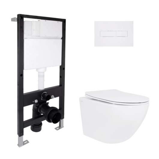 Готовое решение Qtap для ванной комнаты: подвесной унитаз Jay Rimless 485x360x320 + комплект инсталляции Standard (линейная кнопка White) купить в САНН Одесса