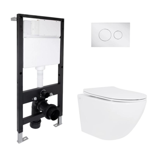 Готовое решение Qtap для ванной комнаты: подвесной унитаз Jay Ultra Quiet 485x360x320 + комплект инсталляции Standard (круглая кнопка Chrome) купить в САНН Одесса
