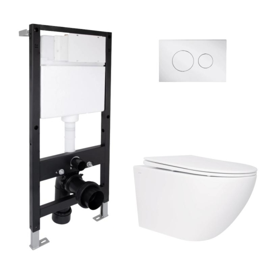 Готовое решение Qtap для ванной комнаты: подвесной унитаз Jay Rimless 520x360x320 + комплект инсталляции Standard (круглая кнопка Chrome) купить в САНН Одесса