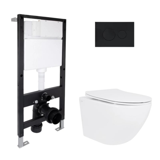 Готовое решение Qtap для ванной комнаты: подвесной унитаз Jay Ultra Quiet 520x360x320 + комплект инсталляции Standard (круглая кнопка Black) купить в САНН Одесса
