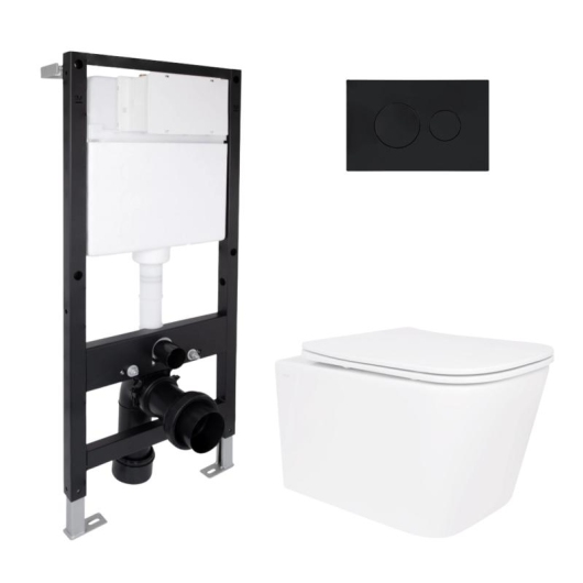 Готовое решение Qtap для ванной комнаты: подвесной унитаз Crow Ultra Quiet 485x340x290 + комплект инсталляции Standard (круглая кнопка Black) купить в САНН Одесса