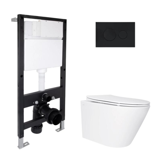 Готовое решение Qtap для ванной комнаты: подвесной унитаз Swan Ultra Quiet 485x360x320 + комплект инсталляции Standard (круглая кнопка Black) купить в САНН Одесса