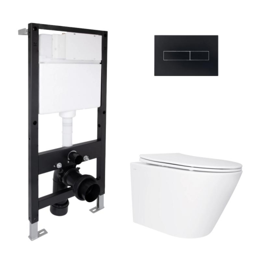 Готовое решение Qtap для ванной комнаты: подвесной унитаз Swan Ultra Quiet 485x360x320 + комплект инсталляции Standard (линейная кнопка Black) купить в САНН Одесса