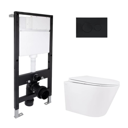 Готовое решение Qtap для ванной комнаты: подвесной унитаз Swan Rimless 520x360x320 + комплект инсталляции Standard (круглая кнопка Black) купить в САНН Одесса