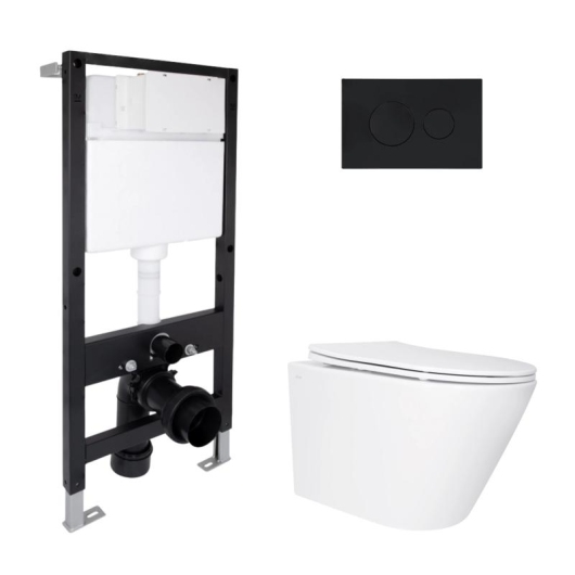 Готовое решение Qtap для ванной комнаты: подвесной унитаз Swan Ultra Quiet 520x360x320 + комплект инсталляции Standard (круглая кнопка Black) купить в САНН Одесса
