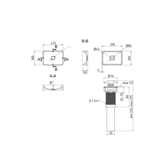 Комплект Qtap Aquarius: Раковина накладная прямоугольная 470x380x120 мм White + Донный клапан PU02 купить в САНН Одесса, изображение 2