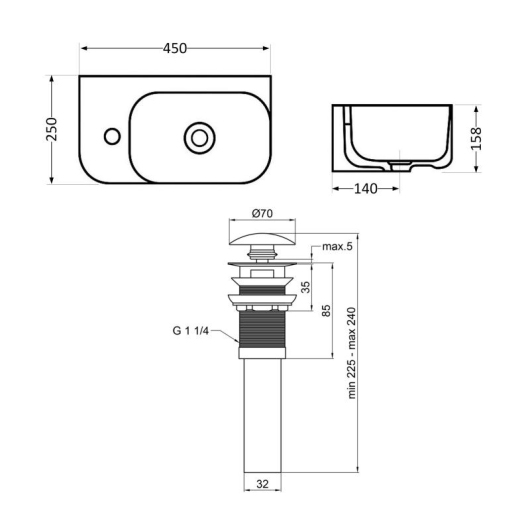 Комплект Qtap Tern: Раковина подвесная прямоугольная левая 450х250х158 мм White + Донный клапан PU02O купить в САНН Одесса, изображение 2