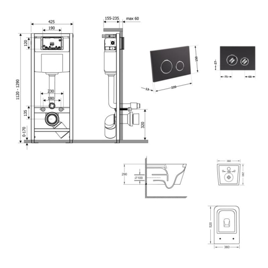 Готовое решение Qtap для ванной комнаты: подвесной унитаз Crow Ultra Quiet 520×360×290 + комплект инсталляции Nest 4 в 1 (круглая клавиша Matt Black) купить в САНН Одесса, изображение 2