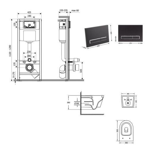 Готове рішення Qtap для ванної кімнати: підвісний унітаз Jay Ultra Quiet 520x360x320 + комплект інсталяції Nest 4 в 1 (лінійна клавіша Matt Black) купити в САНН Одеса, зображення 2