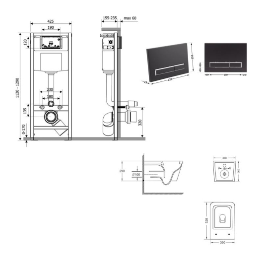 Готовое решение Qtap для ванной комнаты: подвесной унитаз Crow Ultra Quiet 520×360×290 + комплект инсталляции Nest 4 в 1 (линейная клавиша Matt Black) купить в САНН Одесса, изображение 2