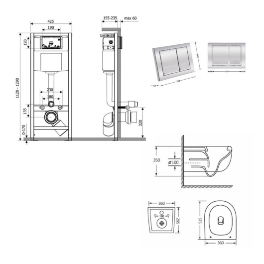 Готовое решение Qtap для ванной комнаты: подвесной унитаз Taurus Ultra Quiet 515×360×350 + комплект инсталляции Nest 4 в 1 (квадратная клавиша Chrome) купить в САНН Одесса, изображение 2
