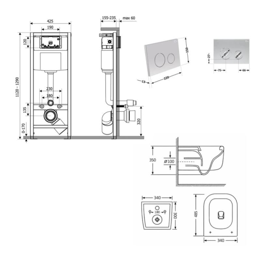 Готовое решение Qtap для ванной комнаты: подвесной унитаз Gemini Ultra Quiet 485×340×350 + комплект инсталляции Nest 4 в 1 (круглая клавиша Satin) купить в САНН Одесса, изображение 2