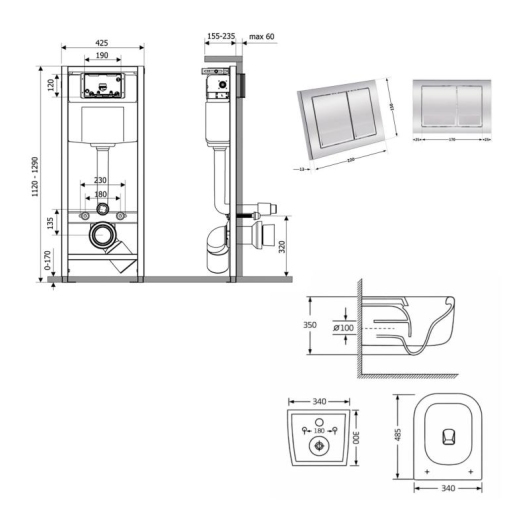 Готовое решение Qtap для ванной комнаты: подвесной унитаз Gemini Ultra Quiet 485×340×350 + комплект инсталляции Nest 4 в 1 (квадратная клавиша Chrome) купить в САНН Одесса, изображение 2