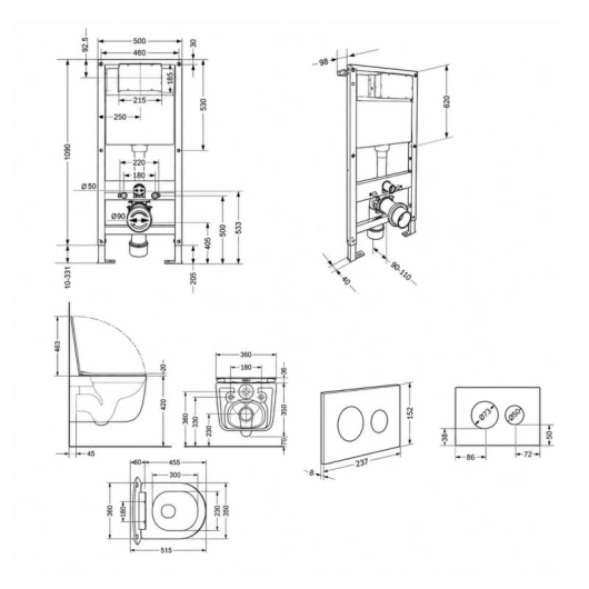 Готовое решение Qtap для ванной комнаты: подвесной унитаз Taurus Ultra Quiet 515x360x350 + комплект инсталляции Standard (круглая кнопка Black) купить в САНН Одесса, изображение 2
