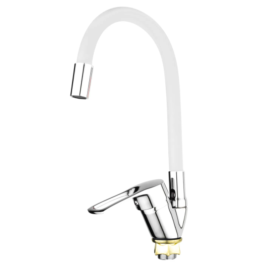 Смеситель для кухни MIXXUS FANY 011 NUT REFL.WHITE с гибким изливом (без подводки) (Цвет хром+излив белый) (MI6289) купить в САНН Одесса