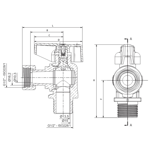 Кран шаровый угловой Н/Г Roho R116-050B -1/2"х1/2" ВЗ, ручка "бабочка" черная (RO0236) купить в САНН Одесса