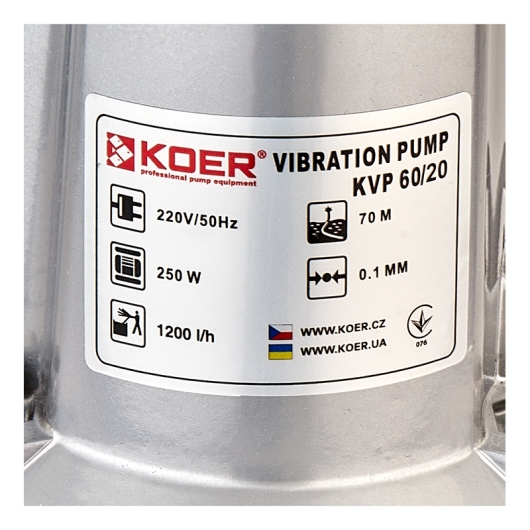 Вибрационный насос одноклапанный верхний забор Koer KVP 60/20 H=70M, Q=1,2кбМ, P=250, 20м каб.,обм-медь (KP3144) купить в САНН Одесса, изображение 2