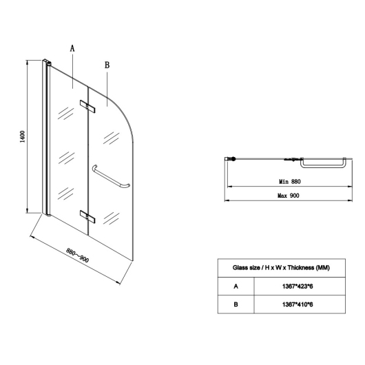 Шторки стеклянные на ванну распашные KOER SR BS05-90x140-TR-01 прозрачное стекло EASY CLEAN 6мм хром (KR5372) купить в САНН Одесса