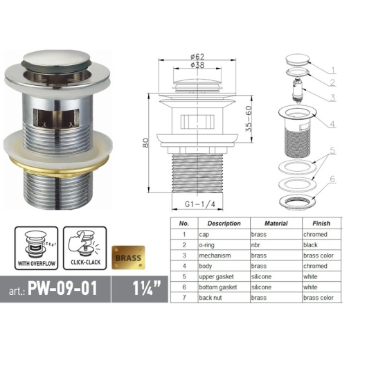 Донный клапан для раковины с переливом KOER PW-09-01 автоматический (Click-Clack) (Цвет хром) 1 1/4'' (KR5796) купить в САНН Одесса, изображение 4