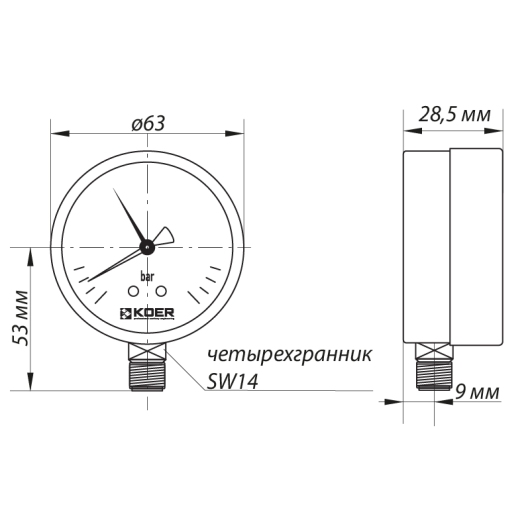 Манометр радиальный (KOER KM.621R) (0-4 bar), D 63мм, 1/4''(KR0206) купить в САНН Одесса