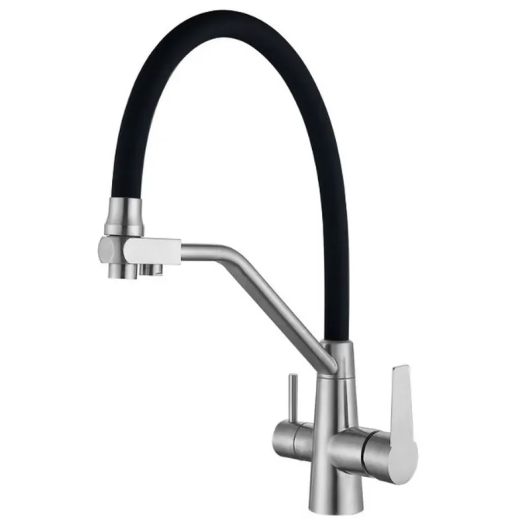 Смеситель для кухни MIXXUS FUL-021 REFL.BLACK с гибким изливом из нерж. стали SUS304 с выходом для питьевой воды (Цвет нерж+излив черный) (MX0787) купить в САНН Одесса