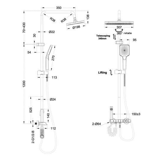 Душевая колонна со смесителем MIXXUS PREMIUM NEPTUNE 009-J GRAPHITE с кноп. переключ. 4 режима (Цвет графит) (MI6833) купить в САНН Одесса