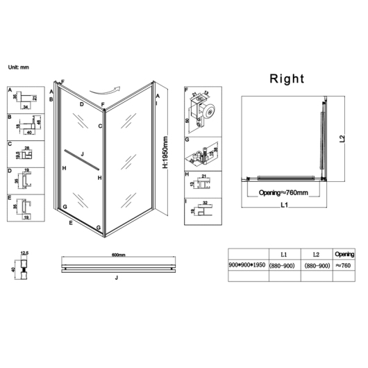 Душевая кабина без поддона KOER SR SC09-90x90x200-R-TR-12 прозрачное стекло EASY CLEAN 6мм матовое золото (KR5771) купить в САНН Одесса, изображение 2