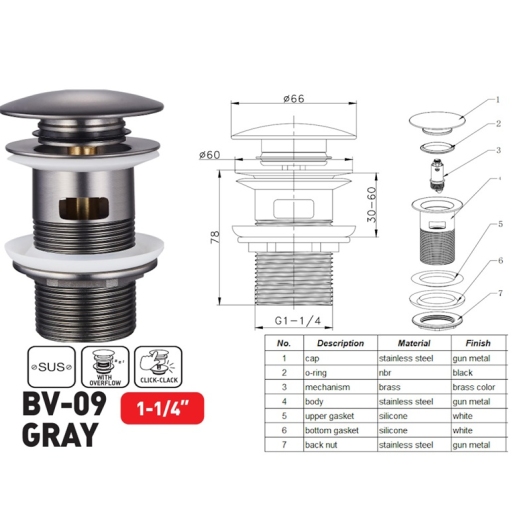 Донный клапан для раковины с переливом ZERIX BV-09 GRAY автоматический (Click-Clack) (Цвет графит) 1 1/4'' (MY0415) купить в САНН Одесса, изображение 4