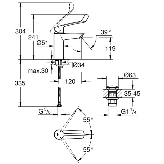 Однорычажный смеситель для раковины Grohe Eurosmart New, M-size, для медицинских учреждений (23983003) купить в САНН Одесса