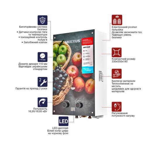 Газовая колонка MIXXUS GWH-0310 BASIC GLASS дымоходная 10 л/мин (панель из стекла с рисунком) (WH0024) купить в САНН Одесса, изображение 3