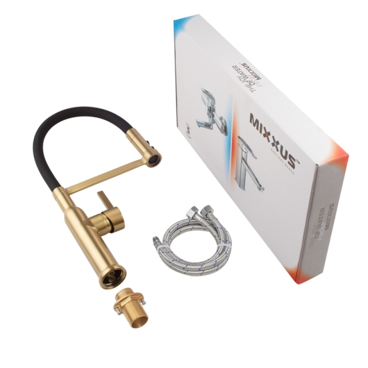 Смеситель для кухни MIXXUS PREMIUM PULL 017 BRUSHED GOLD REFL.BLACK (Цвет матовое золото+силик. излив черный) (MI8280) купить в САНН Одесса