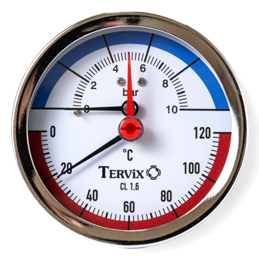 357818 термоманометр Tervix Pro Line 80/0-10 бар, 0-120 С аксіальний, з монтажним клапаном 1/2" купить в САНН Одесса