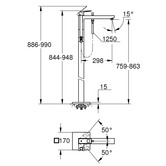 Підлоговий змішувач для ванни Grohe Eurocube (23672001), изображение 2
